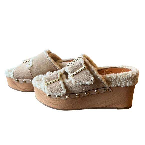 Jessica Simpson Cyriss Sandals 8.5? Tan Cream Faux Wood Platform Furry Sherpa - Picture 3 of 6